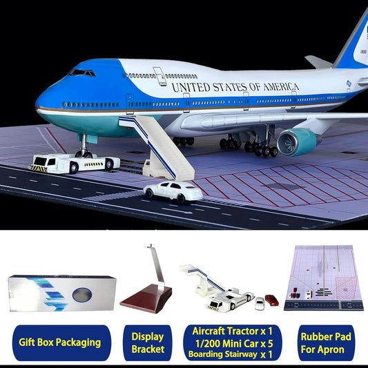 B747 Airplane Model, 1/150 Scale B747 Model 18.5 Inches Length, with LED Lights and Rubber Airport Mat - Ideal Collection and Gift