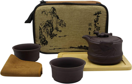 RARITYUS Portable Travel Kung Fu Tea Pot Cup Handmade Yixing Zisha Tea Set Ceramic Teapot Teacups with Tea Tray Travel Bag for Outdoor Picnic