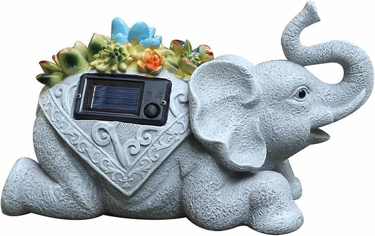 UZER Elephant Resin Sculpture with Solar Lights, Waterproof Elephant Statue for Garden Decoration, Birthday Gift for Mom'day Women (Light Grey)