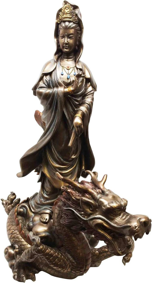 BODHISATTVA Goddess Kuan YIN Riding ON Cloud Dragon GUANYIN Statue Sculpture