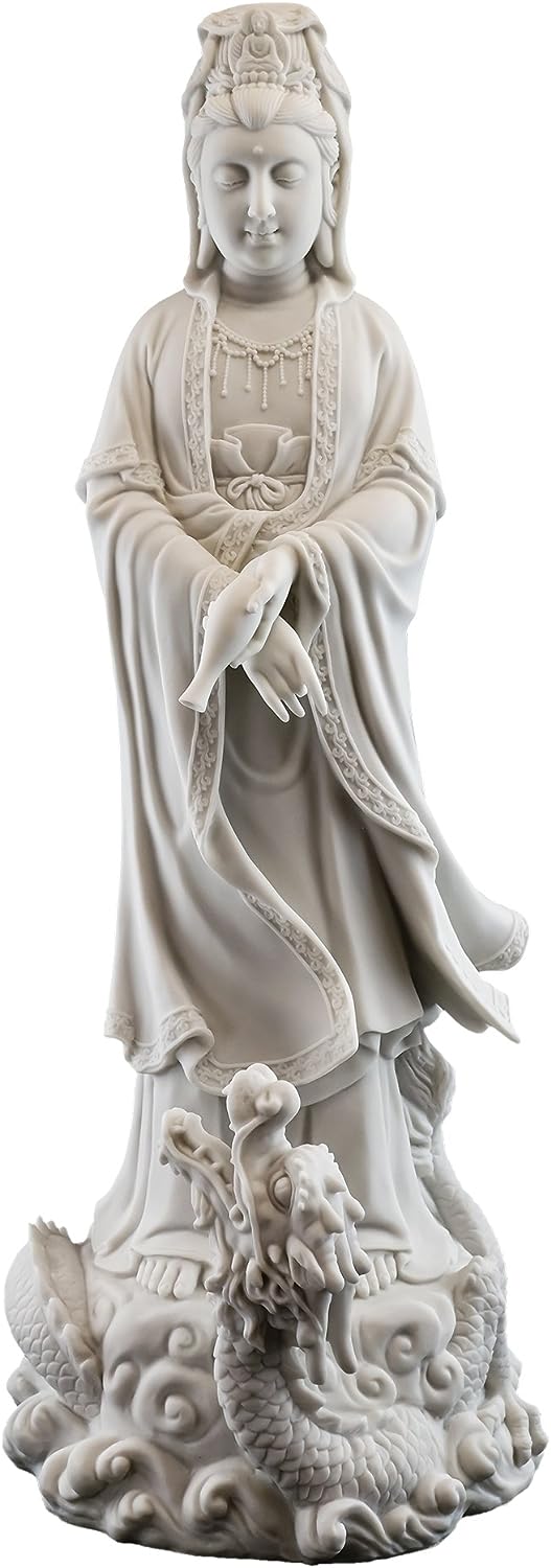 Top Collection Large 20" Quan Yin Standing on Dragon Statue. Premium Resin - White Marble Finish. Asian Goddess of Compassion and Mercy. Buddhist Deity Protector of Women. Collectible Decor Sculpture.