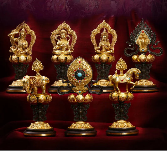 7PCS high-grade Buddhism home altar Shrine efficacious Worship Talisman gilding QI ZHEN BAO symbols copper statue