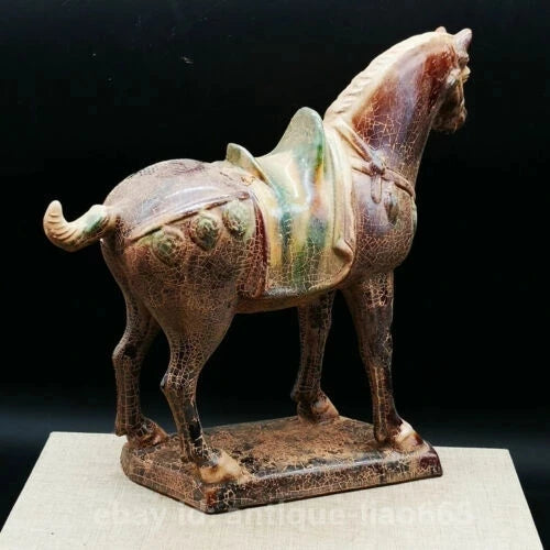 8.3" Collect Chinese Ceramics Tang Sancai Pottery Zodiac Animal War-horse Statue