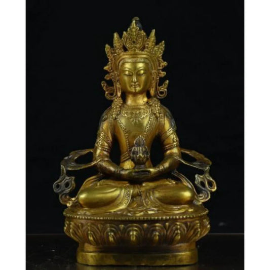 8.8" Old Chinese Copper Gild Buddhism Amitayus longevity God Goddess Statue