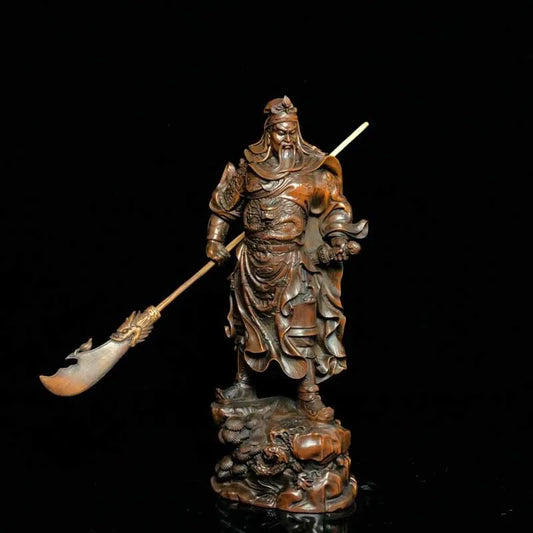8" Chinese Old Antique Boxwood Wooden Hand Carved Guan Gong Statue