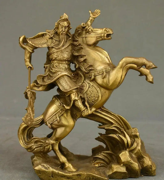 8" Collect Chinese Brass Dragon Warrior Guan Gong Guan Yu God Ride Horse Statue