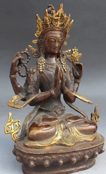 8" Old Tibet Buddhism Bronze Gilt 4 Arms Chenrezig Buddha Avalokiteshvara Statue