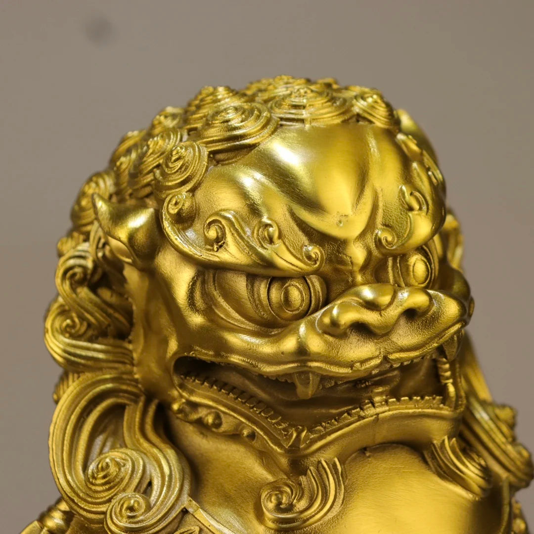 8"Tibetan Temple Collection Old Brass Lion Statue Gate Lion Gate God A Pair Amass wealth Ornaments Town house Exorcism