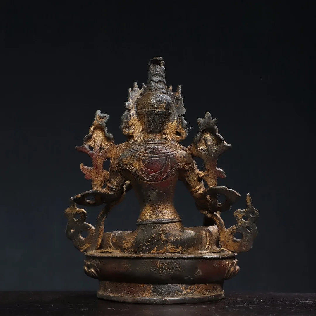 8"Tibetan Temple Collection Old Bronze Cinnabar Mud gold Green Tara Lotus Terrace Sitting Buddha Worship Hall Town House