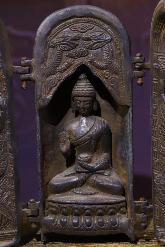 8"Tibetan Temple Collection Old Bronze Cinnabar Shakyamuni Buddha Snake statue Three open Box Worship Hall Town house Exorcism
