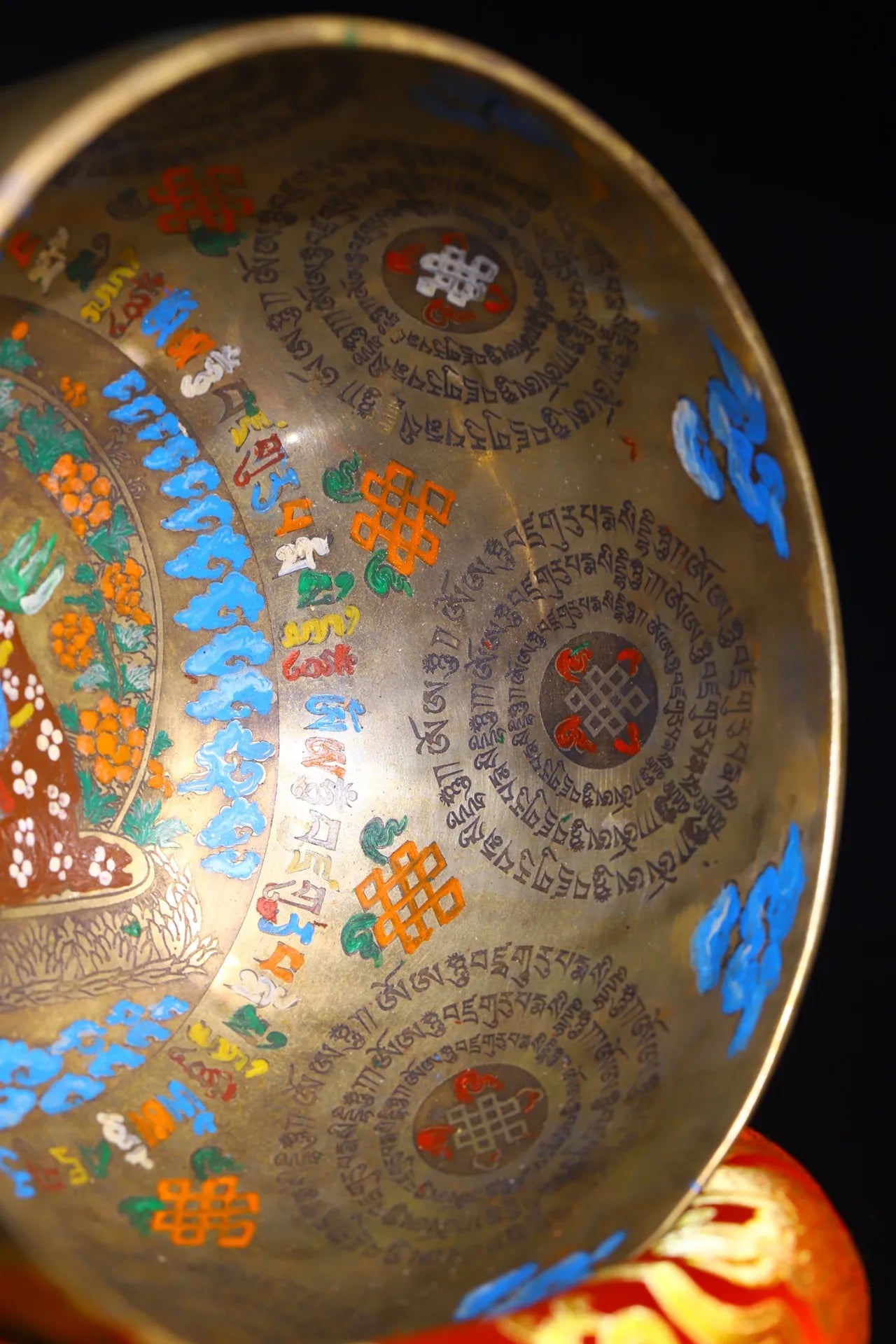 8"Tibetan Temple Collection Old Bronze Painted Guru Rinpoche Buddha Sound Bowl Prayer Bowl Worship Hall Town house Exorcism