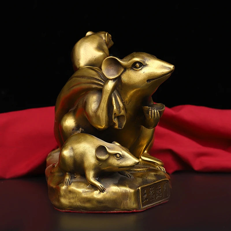 8"Tibetan Temple Collection Old Bronze Zodiac Rat Five mice Gathering Wealth Make a fortune Ornaments