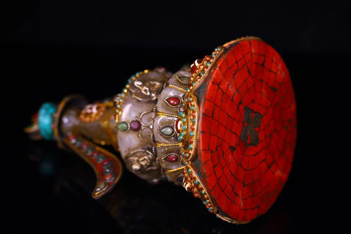 8"Tibetan Temple Collection Old Crystal Mosaic Gem gZi Beads Turquoise Sakyamuni Buddha Pagoda Worship Hall Town house