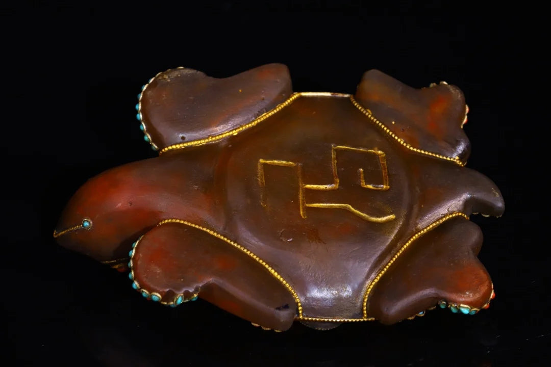 8"Tibetan Temple Collection Old Natural Crystal Tibetan silver Gilt Mosaic Gem Turtle Lucky Turtle pendant Amulet Town house