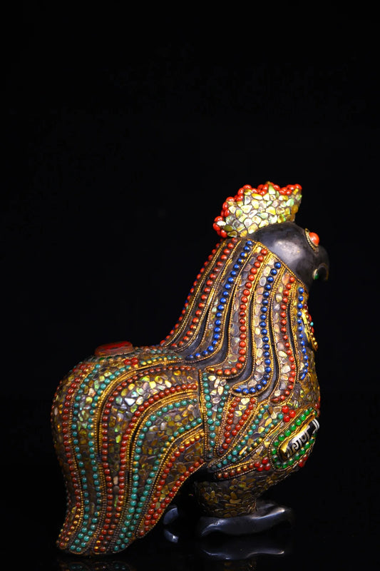 8"Tibetan Temple Collection Old Natural Meteorite Mosaic Gem gZi Beads Shell Zodiac Rooster Statue Ornaments Town house