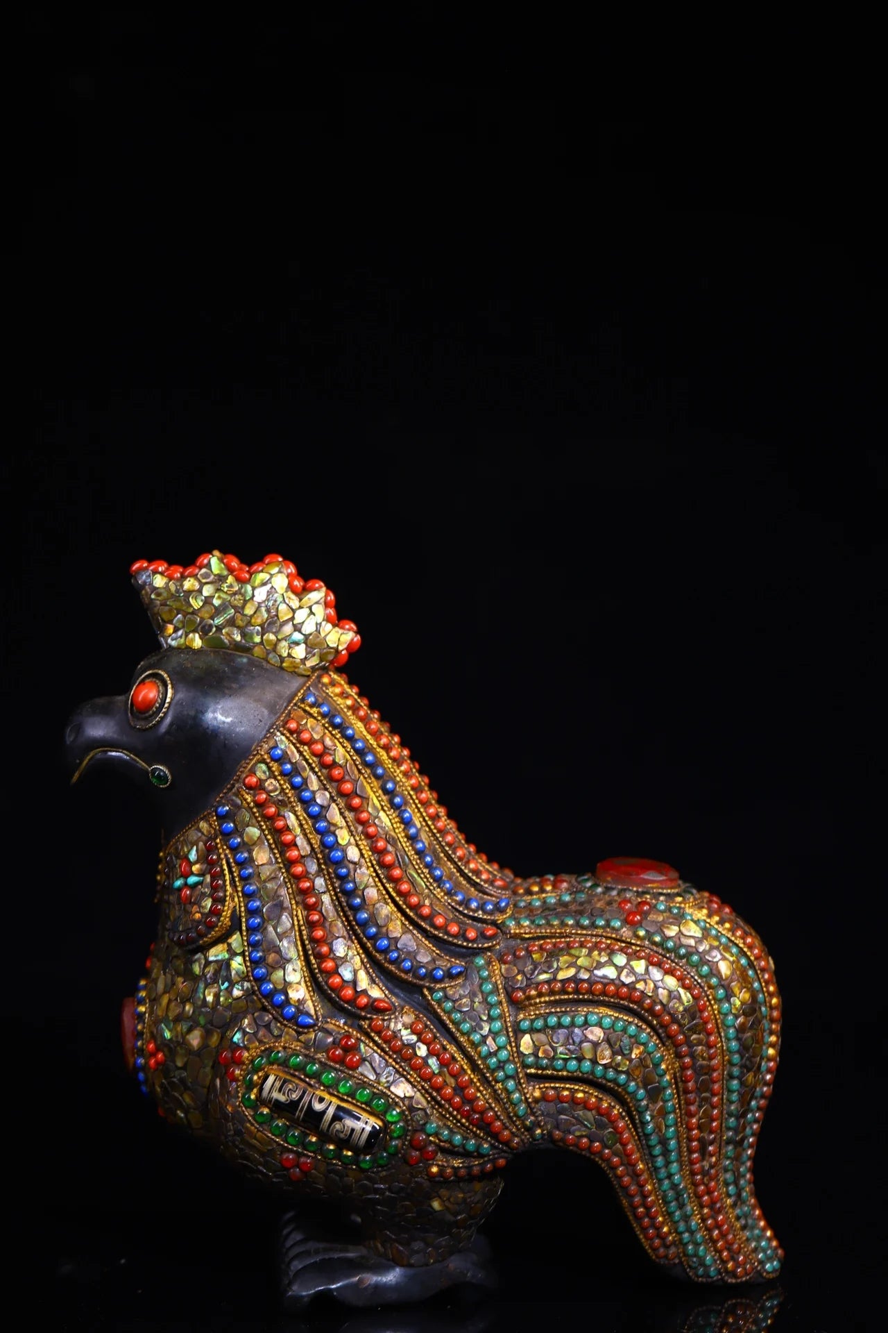 8"Tibetan Temple Collection Old Natural Meteorite Mosaic Gem gZi Beads Shell Zodiac Rooster Statue Ornaments Town house