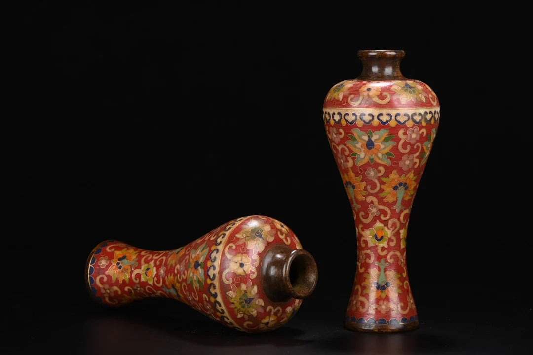 8"Tibetan Temple Collection Old Purple Bronze Cloisonne Lotus pattern Plum bottle Appreciation bottle Vase A pair Worship Hall
