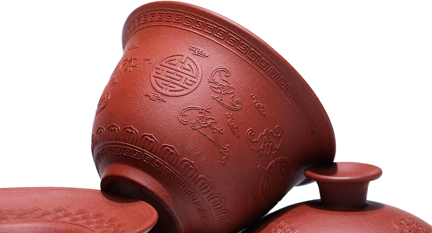 SILINE Yixing Zisha Purple Clay Gaiwan,Chinese Kungfu Tea Bowl Cup,Blooming and Loose Leaf Tea Maker Set,4 oz (Zhufu,Red Clay)