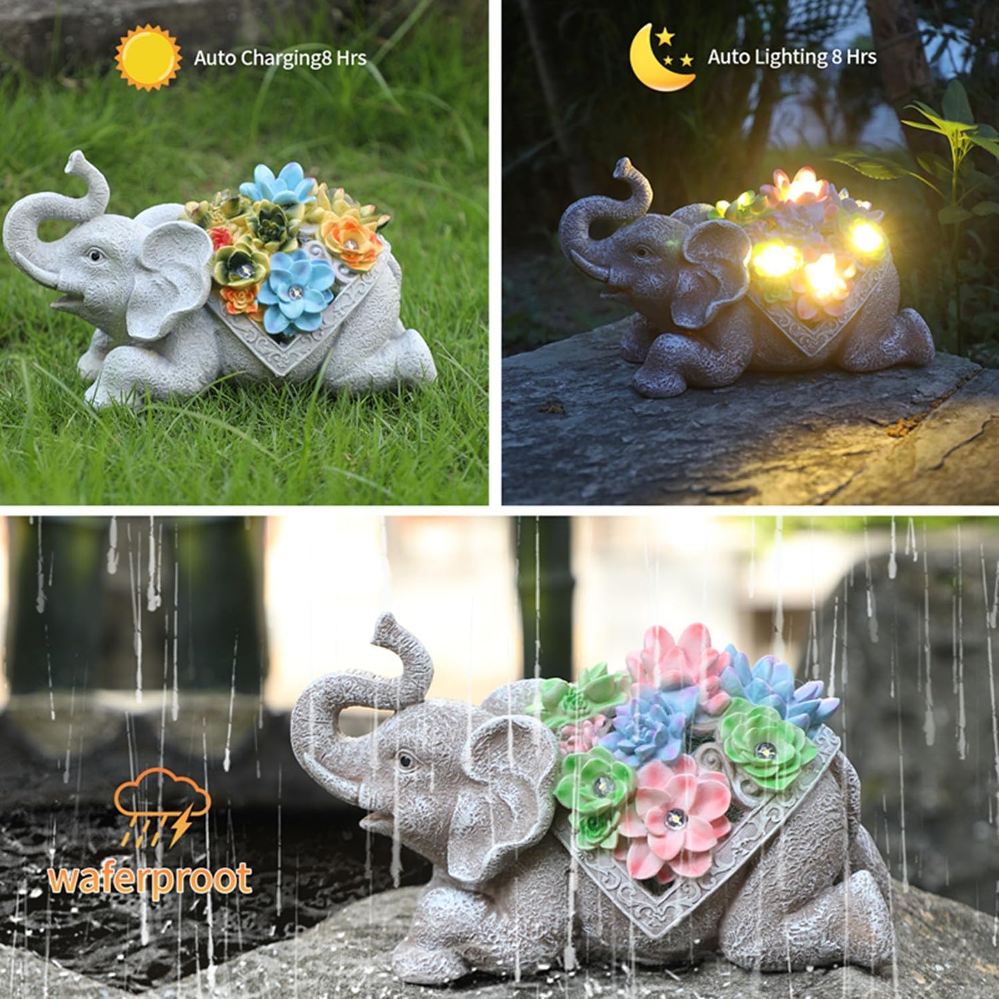 UZER Elephant Resin Sculpture with Solar Lights, Waterproof Elephant Statue for Garden Decoration, Birthday Gift for Mom'day Women (Light Grey)