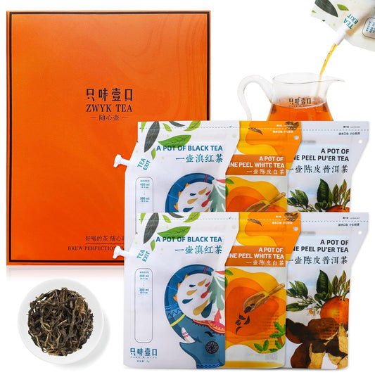 ZWYK TEA Authentic Top Chinese Tea (6 Count, Produced in YUNNAN), Portable Black Tea & Chenpi White Tea & Pu erh Tea Pot Design - A Unique Approach to Enjoying Tea, Perfect for Camping/Travel/Hiking/Party