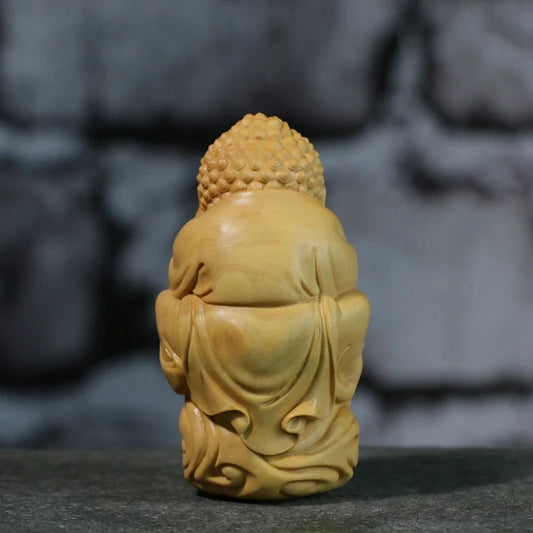 8CM Golden Buddha Statue with Monk Wood Frogs Mascot Home Decor Boxwood Carving