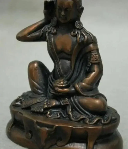 8CM Old Tibet Buddhist Bronze Milarepa Arhat Buddha Ride Deer Head Statue