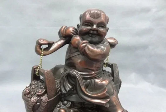 9" Chinese Pure Bronze Wealth YuanBao Child Kid shouldering Coin Barrel Statue
