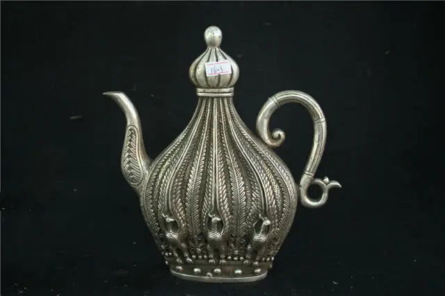 9" Tibet Silver Copper Cupronickel Peacock Teapot Kettle Statue W qianlong Mark