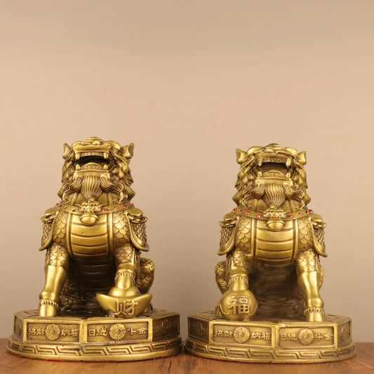 9"Tibetan Temple Collection Old Brass Mosaic Gem Eight Trigrams wealth Kylin Statue Unicorn A pair Amass wealth Ornaments