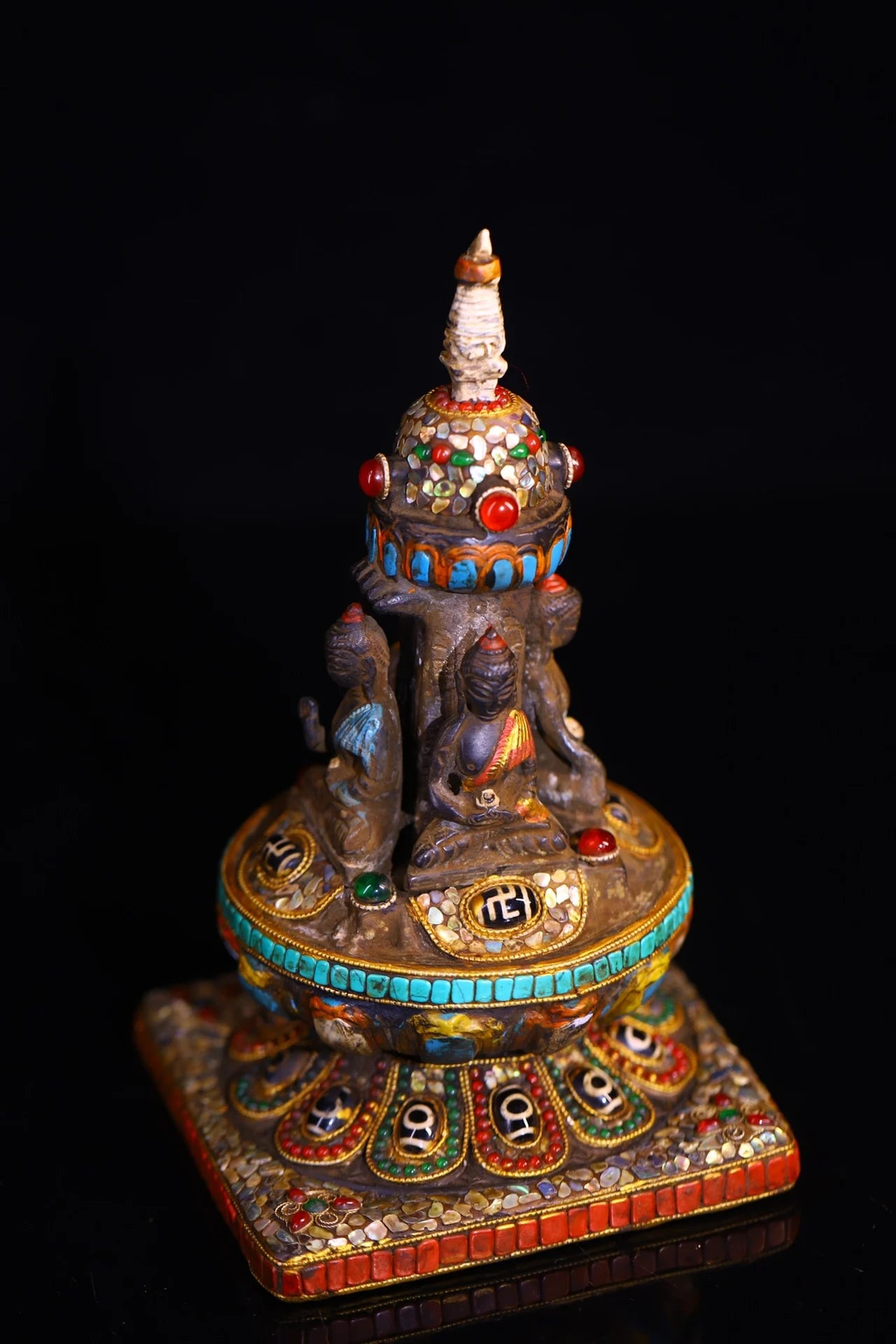 9"Tibetan Temple Collection Old Bronze Cinnabar Mosaic Gem gZi Beads Four sided Shakyamuni Buddha Pagoda Stupa Worship Hall