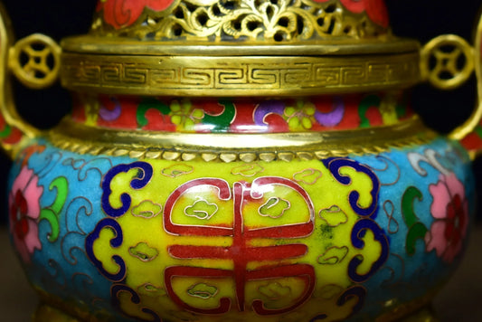 9"Tibetan Temple Collection Old Bronze Cloisonne Enamel Dragon Statue Ruyi binaural three-legged incense burner ornament