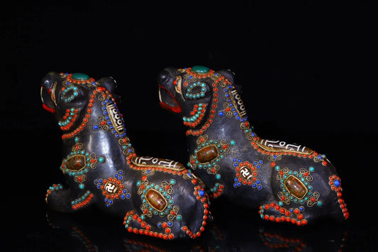 9"Tibetan Temple Collection Old Natural Meteorite Filigree Mosaic Gem gZi Bead Mythical Beast statue A Pair Town house Exorcism