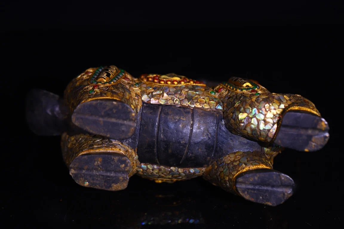 9”Tibetan Temple Collection Old Natural Meteorites Painted Mosaic Gem gZi Beads Shell Chinese Loong Statue Unicorn A pair Amulet