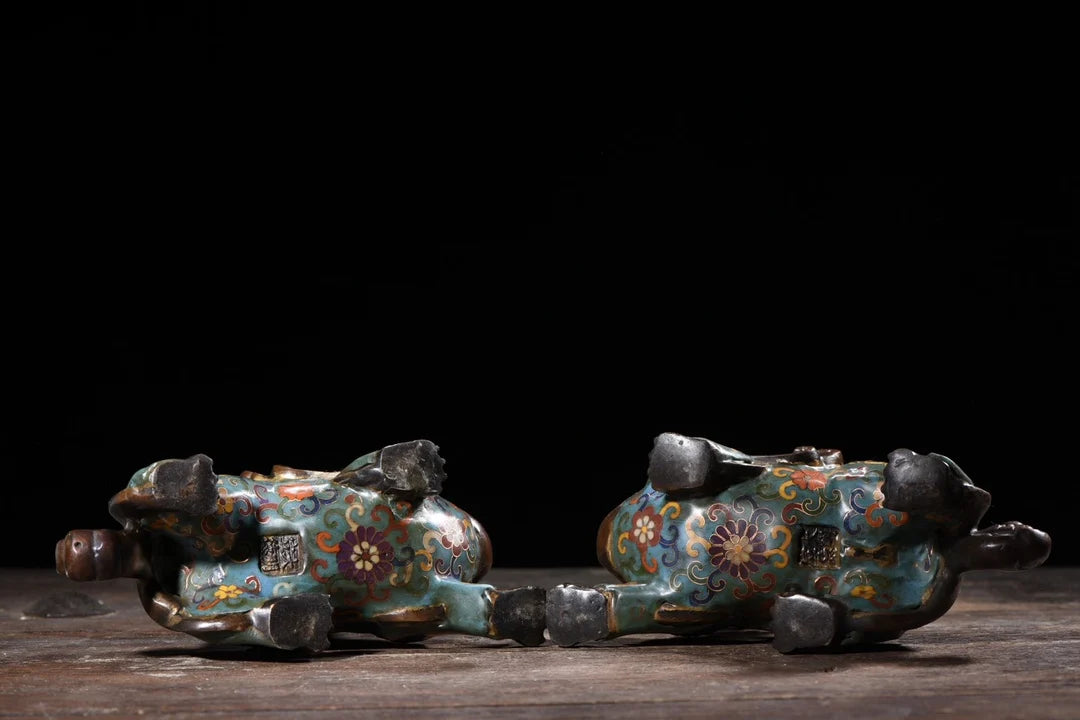 9"Tibetan Temple Collection Old Purple Bronze Cloisonne Brave Troops statue Unicorn a pair Gather fortune Town house Exorcism