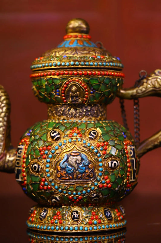 9"Tibetan Temple Collection Old Purple Bronze Painted Mosaic Gem gZi Beads Buddha Conch Eight Treasure Pot Teapot Flagon Pot