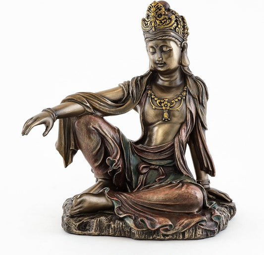 Top Collection H 7.25" W 6.5" Water & Moon Quan Yin in Royal Ease Pose Statue in Cold Cast Bronze - Goddess of Mercy Buddha Statue