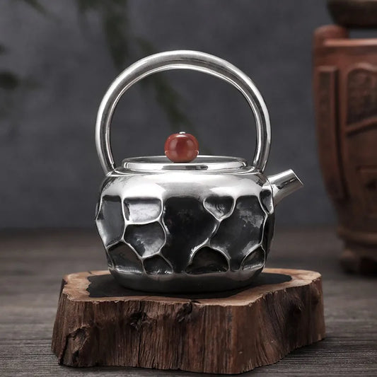 999 Sterling Silver Teapot Pure Handmade Hot Water Kettle Metal Coffee Pots Vintage Warm Wine Jug Chinese Style Kung Fu Tea Set