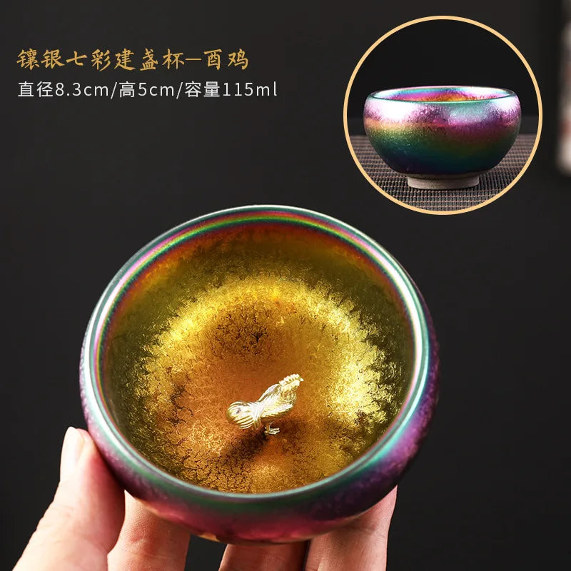 999silver Chinese zodiac colorful built sterling silver teacup ceramic kiln Kungfu tea set teacup tea cup master cup single cup