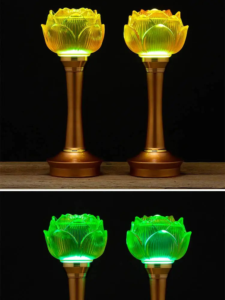 A PAIR 27CM high grade Buddhism HOME Temple shrine enshrine worship bless safety healthy good luck Lotus crystal buddha lamp