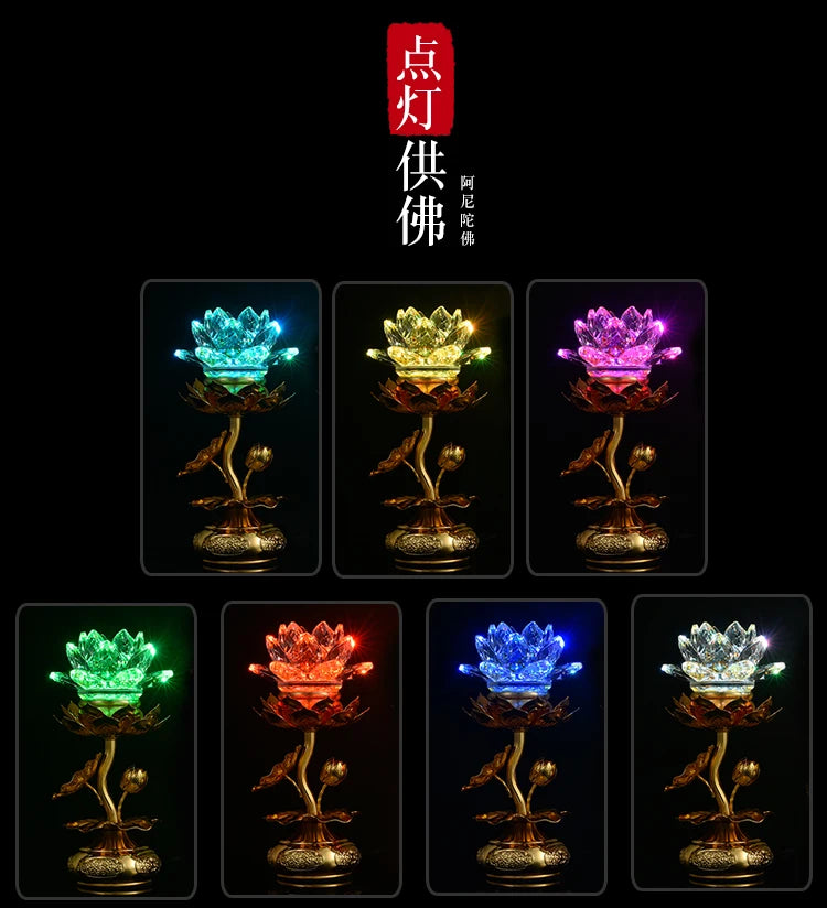 A Pair 2P Asia Buddhism supply HOME SHOP temple altar worship Guan yin buddha lotus flower 7 colour crystal Plug-in buddha lamp