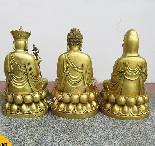 A SET 3p-large HOME SHOP Temple Lobby efficacious Protection GOOD luck Lotus Guanyin ksitigarbha Sakyamuni Buddha brass statue