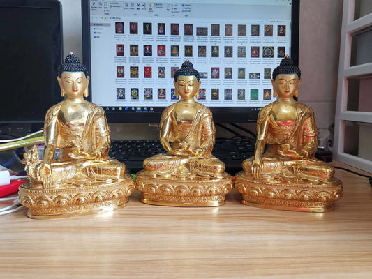 A set 3P Sakyamuni Medicine Amitabha buddha statue Buddhism temple HOME gilded copper Buddha statue bless safe health good luck