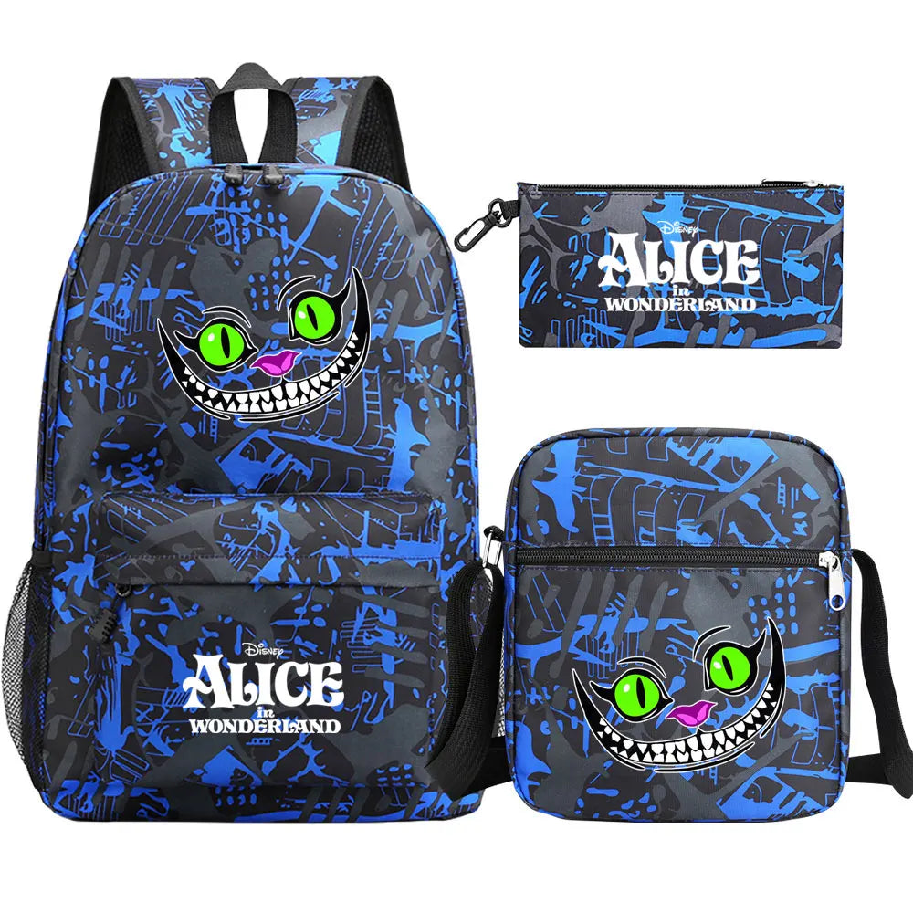 Alice In Wonderland 3Pcs Girl Boy Kids Book Backpack Student School Shoulder Bag Pencil Bag Set Teenager Travel Rucksack