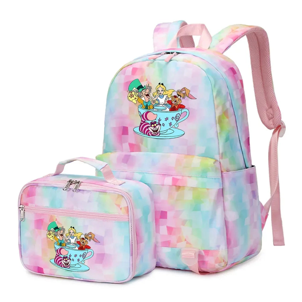 Alice In Wonderland Girls Boys Kids 2 pcs Backpack with Lunch Bag Rucksack Casual School Bags for Student Teenagers Women Sets