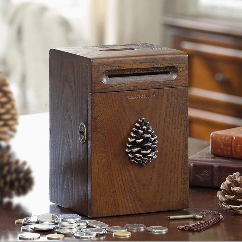 American Style Solid Wood Thickened Piggy Bank, Large Capacity Durable Built-in lock Money -Saving Box High Quality Money Box