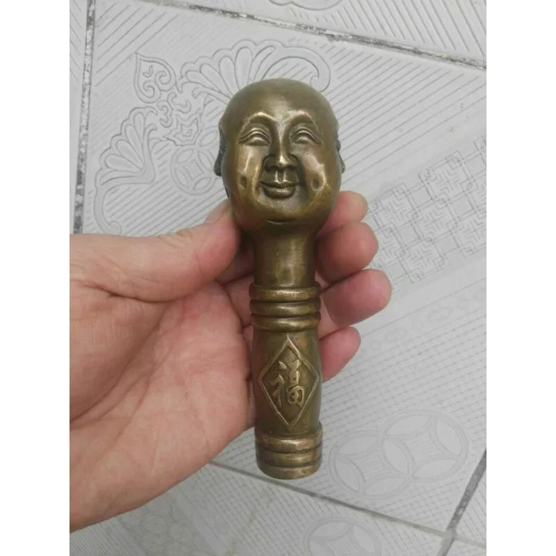 Ancient Chinese Bronze Hand Carved 4 Face Buddha Statue Cane Head