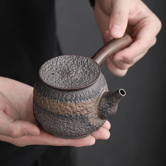 Ancient Early Roast Blackwood Side Handle Pot Ceramic Kung Fu Teapot Gilding Iron Glaze Teapot Japanese Style Single Teapot