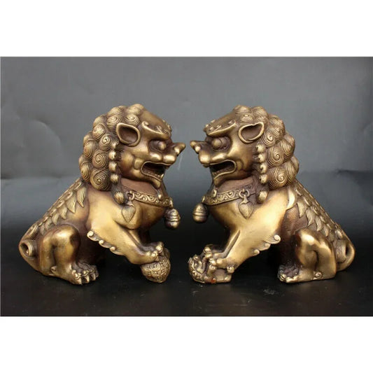 Antique Bronze Fu Foo Dog lion Statue China old Archaic guard lions pair 11cm