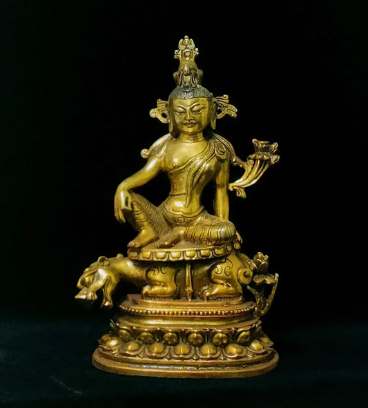 Antique Bronze Gilt Lion's Roar Water moon Sit Beast Kwan-yin Tara Buddha Statue