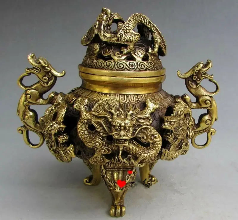 Antique Chinese Fengshui Brass Nine Dragons Incense Burner Statue Qianlong Mark